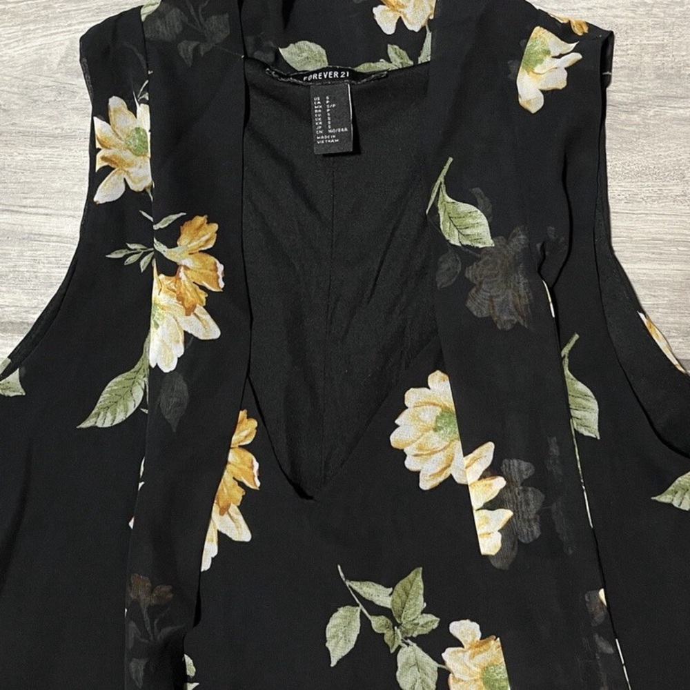 NWOT FOREVER 21 Floral Sleeveless Lined Black Dress w/Tie Neck, Flowy Skirt - Picture 7 of 11